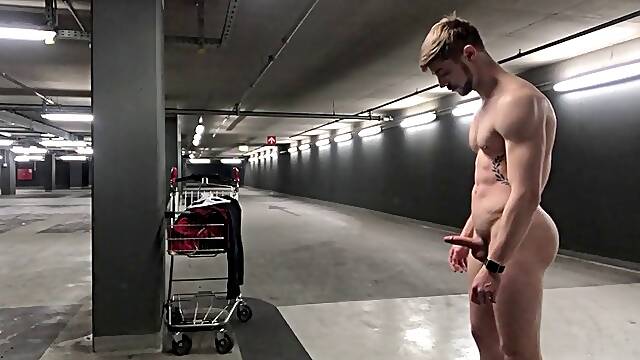 German boy dude public parking garage naked outdoor cum jerk off masturbation small dick dick big...
