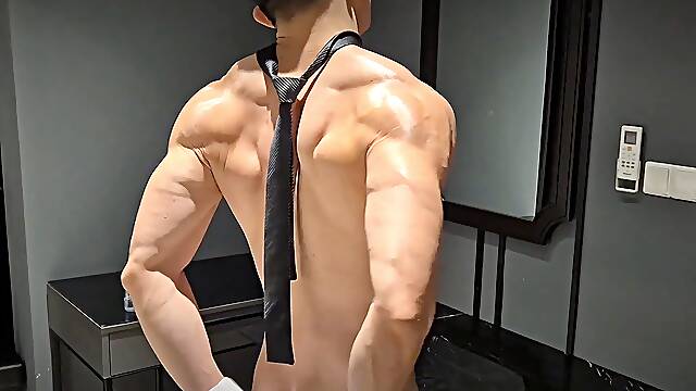 Ripped Asian muscle hung man gets edged in tied bondage gear!