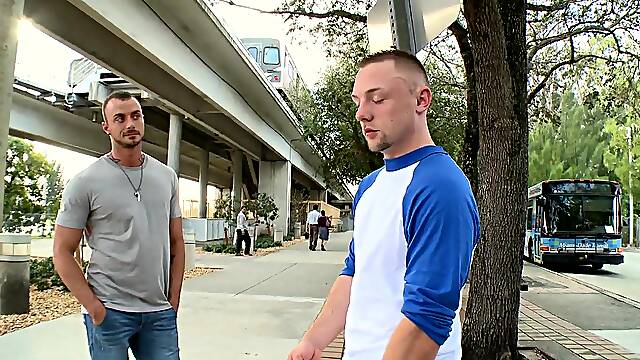 Horny gay hunks end up having facials after fucking in public