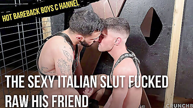 The sexy Italian slut fucked raw his friend in leather fetish clothes