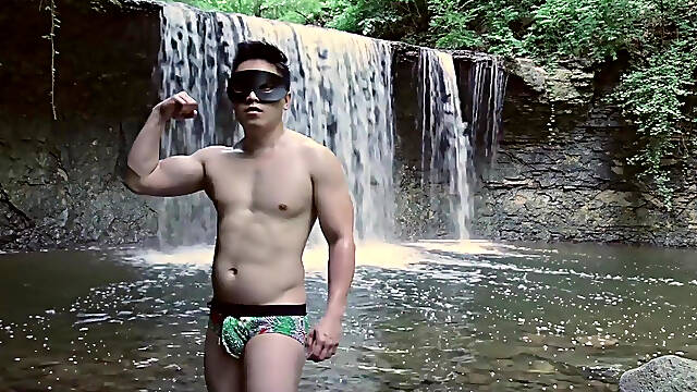 Muscular Asian Hunk Flexes in Speedo by Waterfall - Tight Ass &amp; Hole Tease, Strips Naked &amp; Explodes with Massive Cumshot