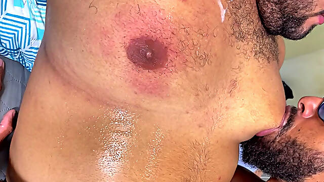 Chubby gay man having his nipples sucked very hard