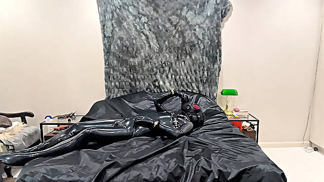 Latex Drone Activation - Gas Mask Transformation in Glossy Black Latex