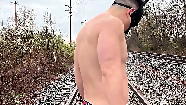 Rain-soaked Asian Muscle God in Jockstrap Bounces Pecs, Shows V-taper &amp; Eats His Massive Load on Train Tracks